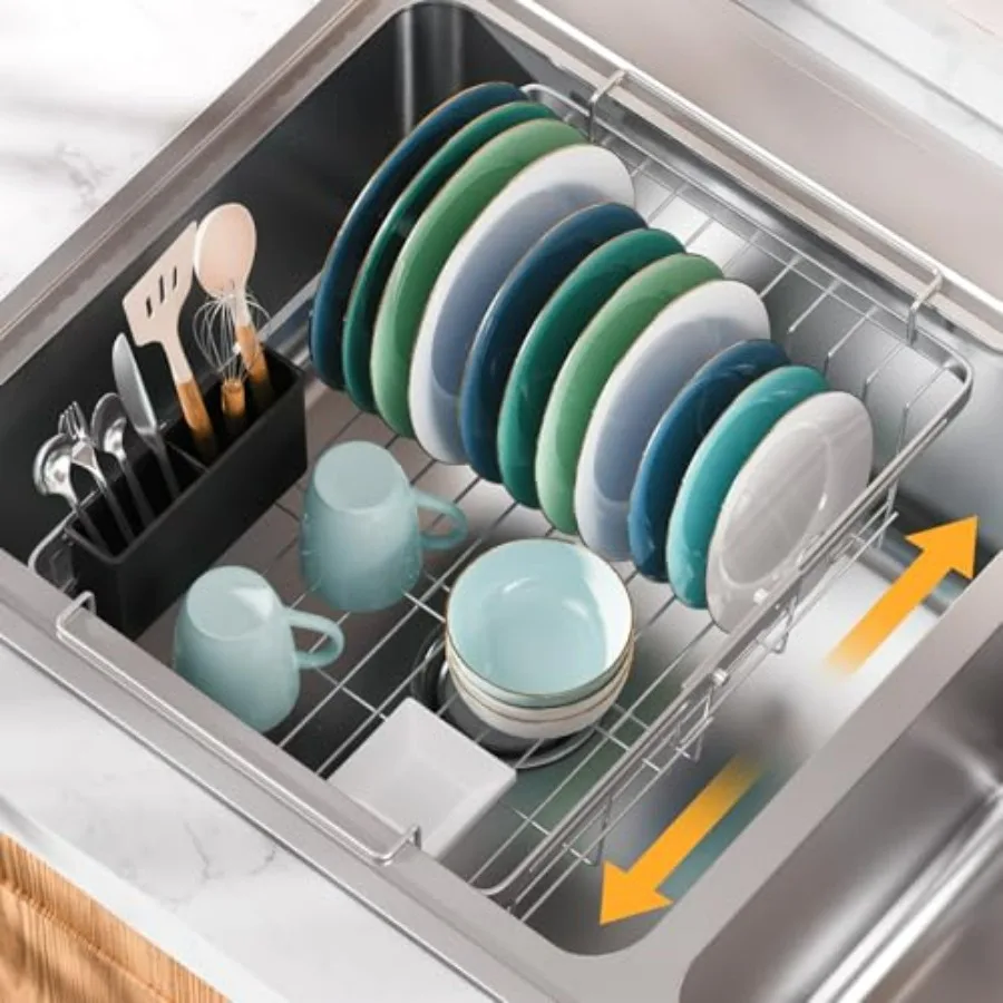 

Capacity Expandable Dish Drying Rack in Sink, Stainless Steel Rustproof Over Sink Dish Drainer Rack with Utensil Holder for RV K