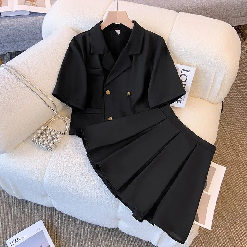 DAYIFUN Oversize Halfskirt Set Women Korean Short Sleeve Suit Collar Irregular Top+Pleated Skirt 2-Piece Sets Summer Solid Suits