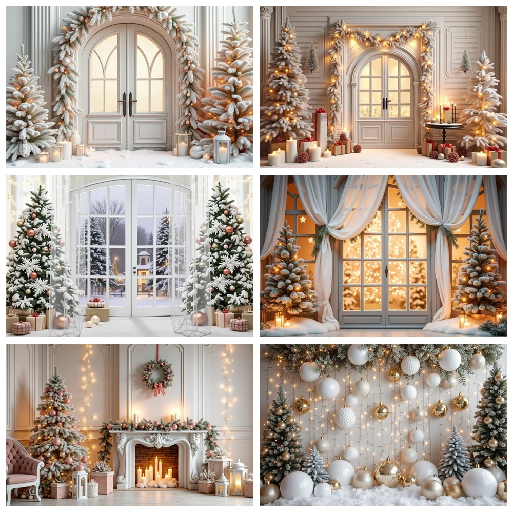 

MOON.QG White Christmas Photography Backdrop Pine Trees Arch Window Door Curtain Decor New Year Background Studio Accessories