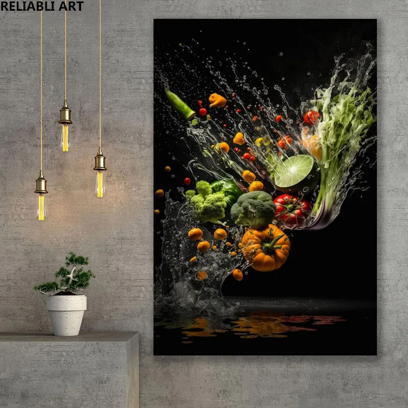 

Poster Fruits And Vegetables Are Splashing Into The Water,Nature Canvas Painting,Modern Print Picture Wall Art Room Decor Cuadr