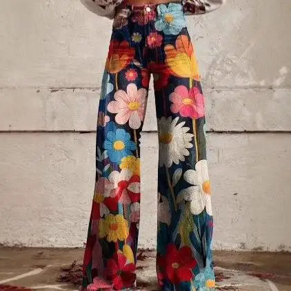 

Лето 2024, модные женские длинные брюки с цифровым принтом, широкие джинсы-колокольчики с талией, смесь полиэстера и спандекса