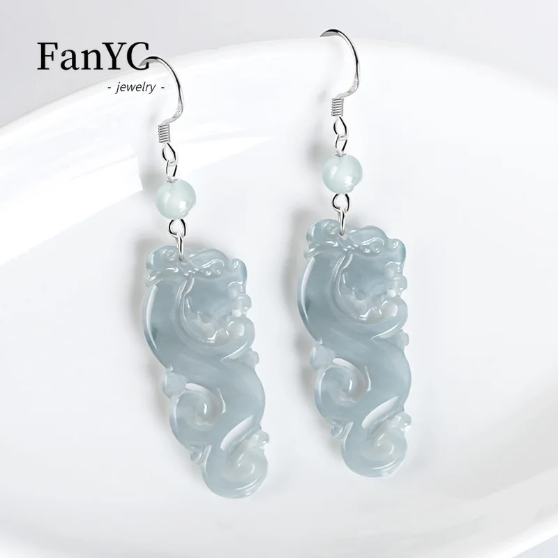 S925 Silver Inlaid Burma A Jadeite Blue Water Antique Dragon Earrings High-grade Ancient Style Ice Jade Earrings Ladies Gift