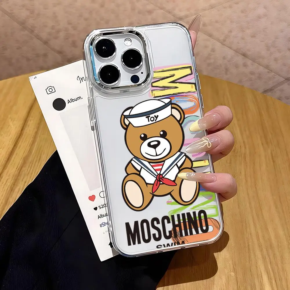 Модный чехол для телефона для iPhone 18 17 16 Air E 15 14 13 12 11 Plus Pro Max с гальваническим покрытием M-Moschino, прозрачный мягкий корпус.