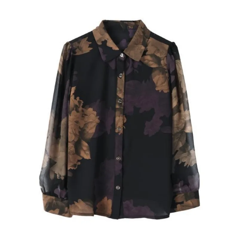 Women\'s Vintage Floral Print Turn Down Collar Button Up Shirt Office Lady Elegant Commute Blouse Long Sleeve Loose Chiffon Tops