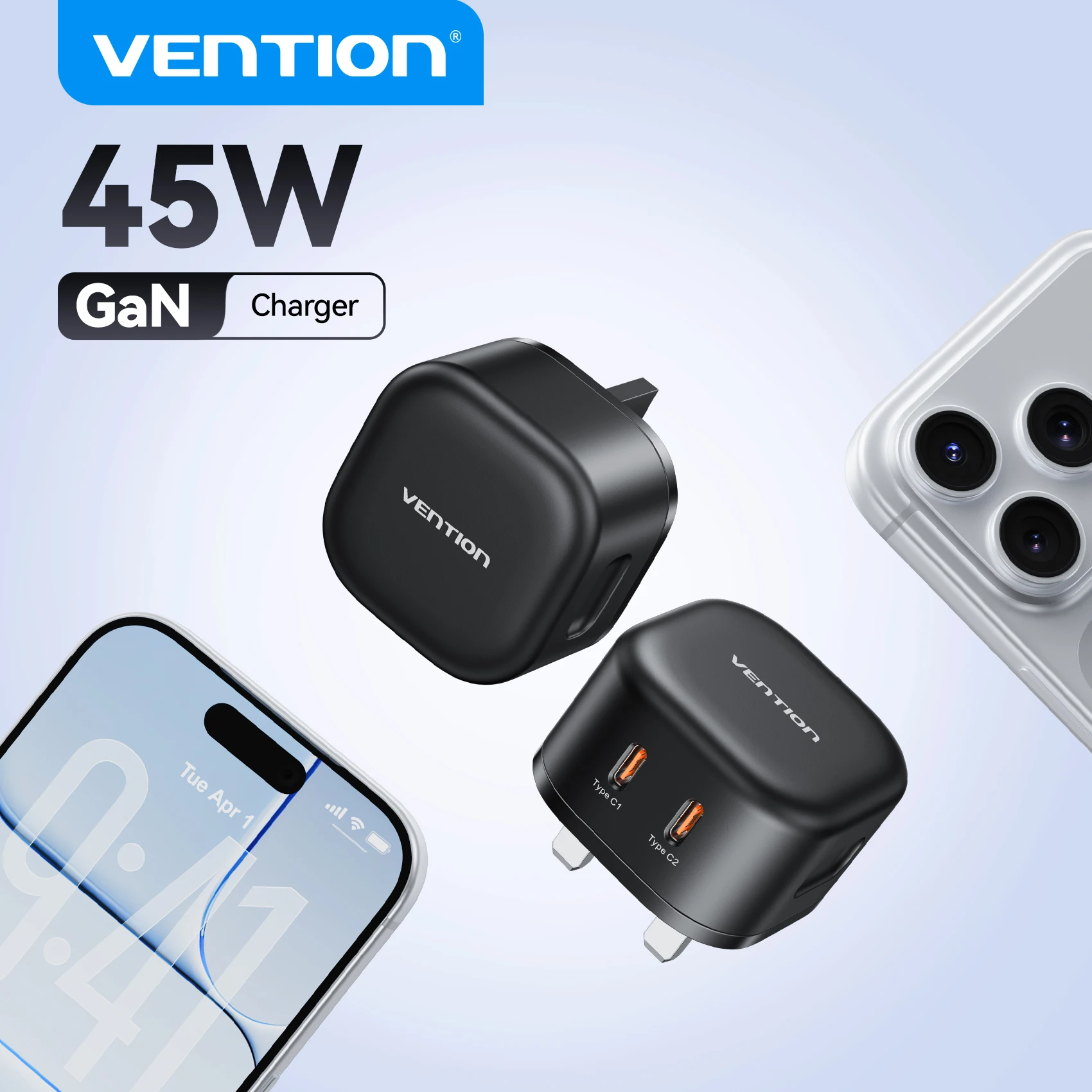 

Зарядное устройство Vention 45W GaN Type-C с быстрой зарядкой USB-C для iPhone 17 16 15 Pro Max, Samsung S25, Macbook Air, быстрая зарядка PD