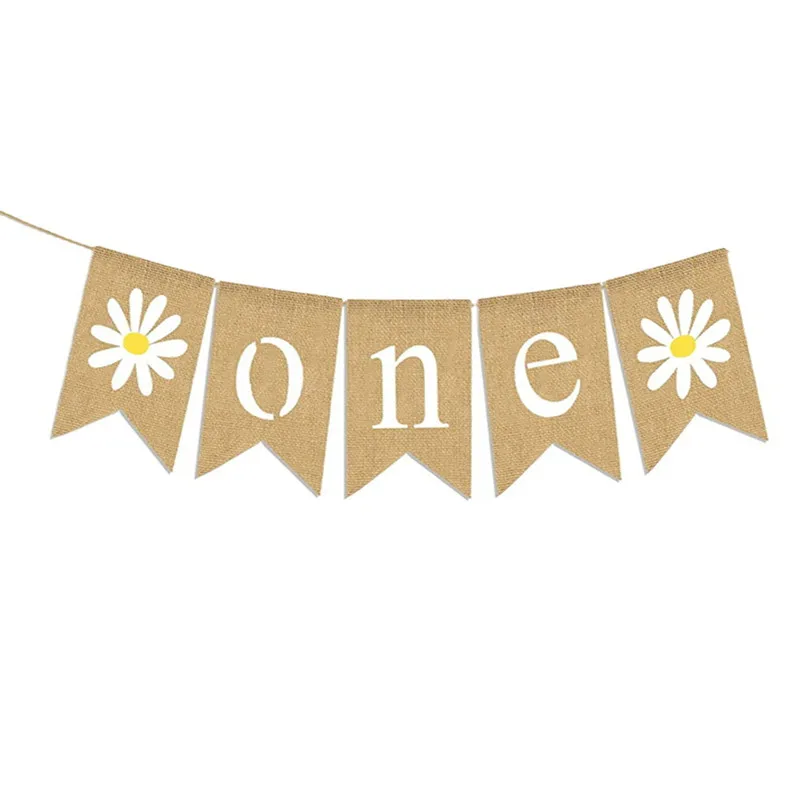 1PC Baby Shower Jute Daisy ONE Garland First Girl Birthday White Flower Highchair Banner 1ST Party Burlap Flag Decoration