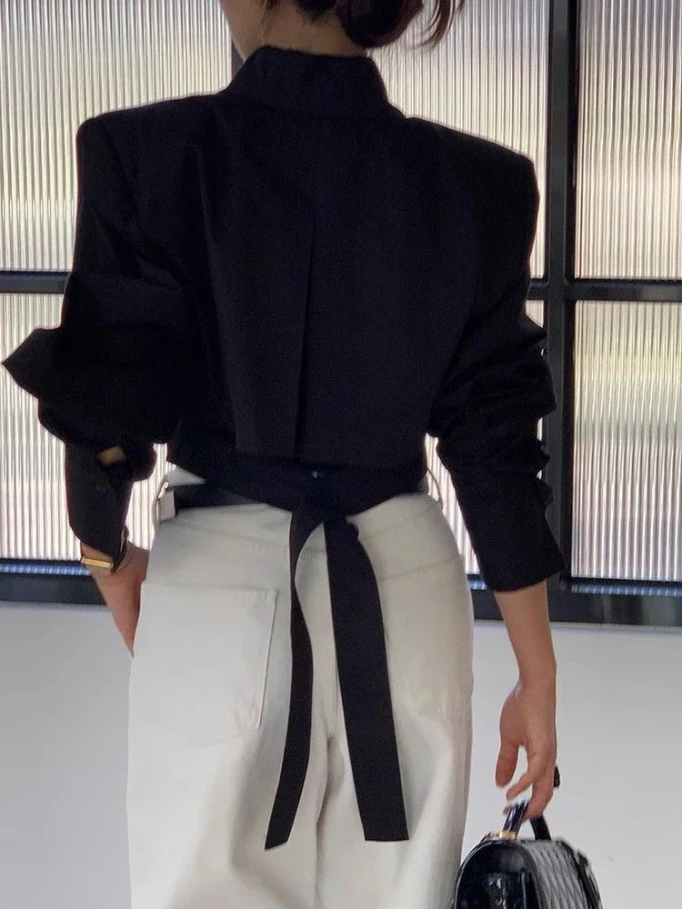 

Корейские укороченные белые рубашки, женская дизайнерская блузка со шнуровкой сзади, винтажная повседневная женская блузка с длинным рукавом, элегантные полые весенние топы