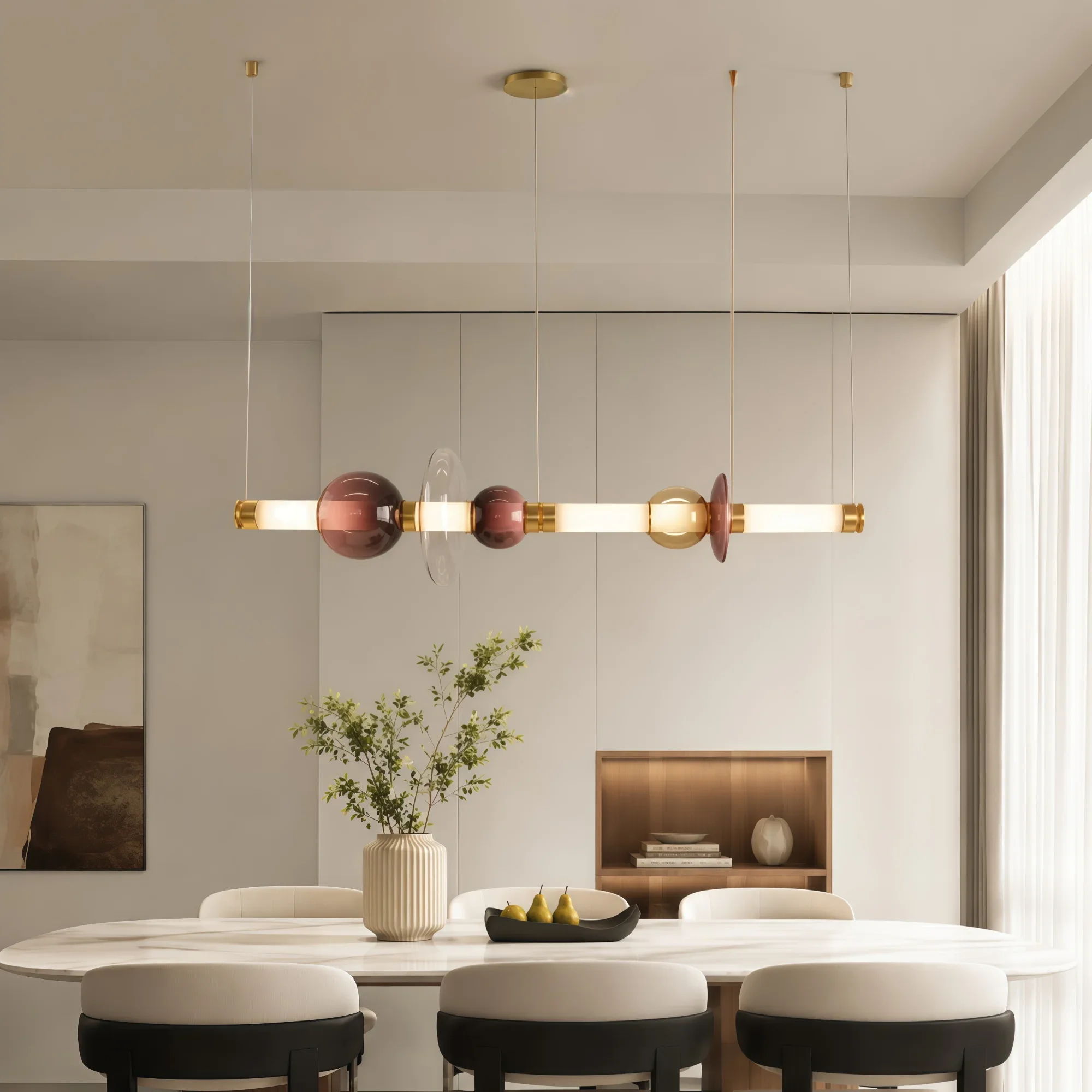Glass Chandelier Modern Linear Pendant Light LED Hanging Fixture For Dining Room