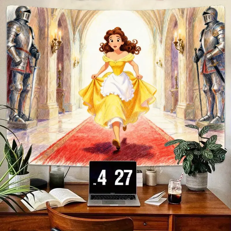 

1 шт., гобелен принцессы Диснея Белль, «Красавица и чудовище», желтое платье, замок, полиэстер, настенное искусство, декор для комнаты для девочек и сказочный подарок