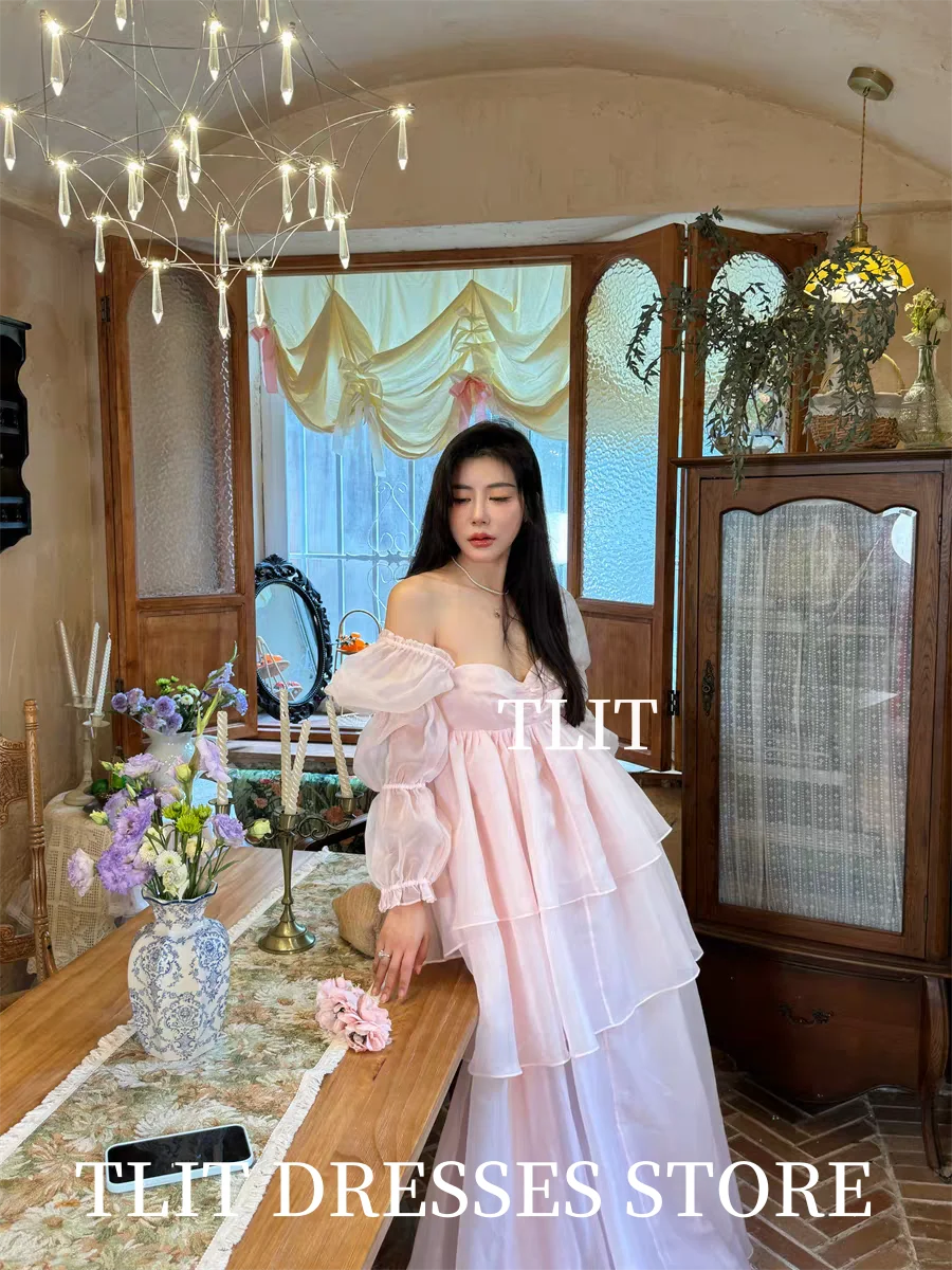 TLIT เอลิแกนซ์ เบบี้ พิงค์ ออร์แกนซ่าชุดราตรีหวานใจปิดไหล่แขนปกติทูลชุดราตรีที่กำหนดเอง فساتين