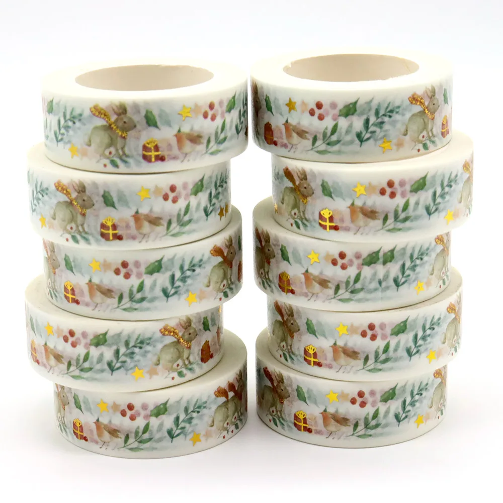 NEW 10pcs/Lot 15mm*10m Foil Rabbit Gifts Birds Floral Decorative Bone Washi Tape Scrapbooking Masking Tape School Office Supply