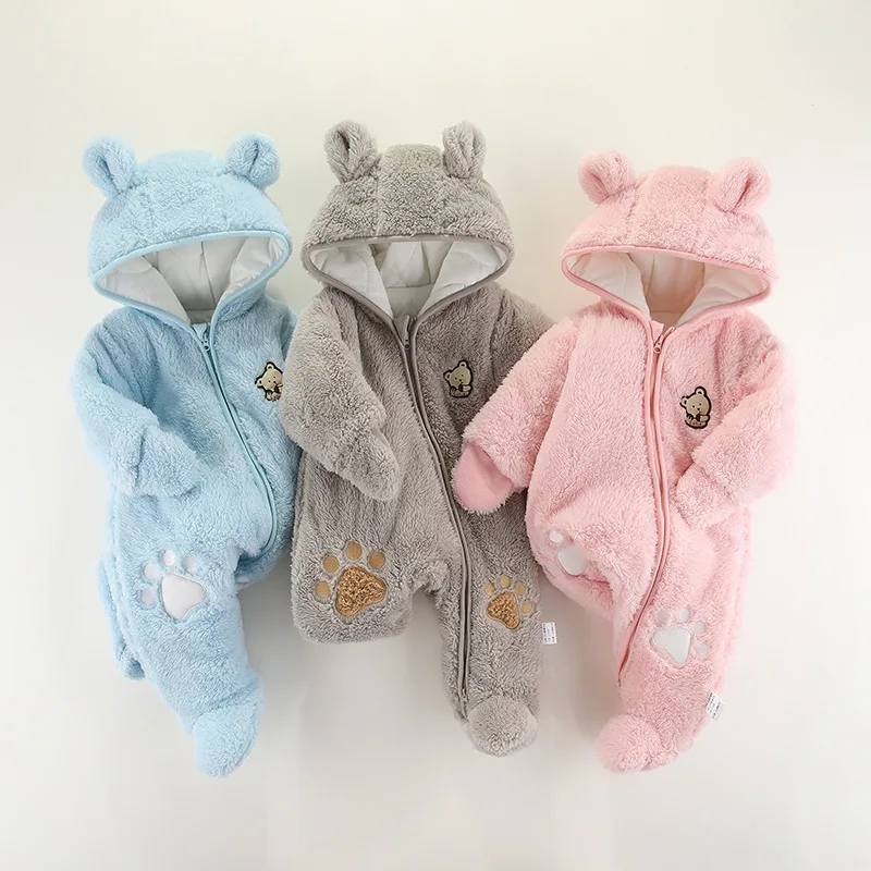

Cute Plush Bear Newborn Baby Jumpsuit Autumn Winter Set Thickened Warm Cotton Clothes Hooded Footed Rompers Outdoors Clothing