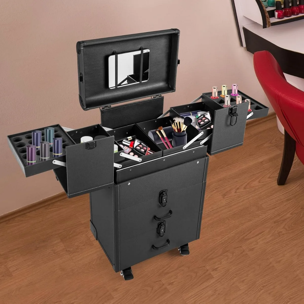Professional Rolling Makeup Case, Large Capacity Cosmetic Train Case with Wheels & Pull Handle, Mobile Storage Box for Salon view 2