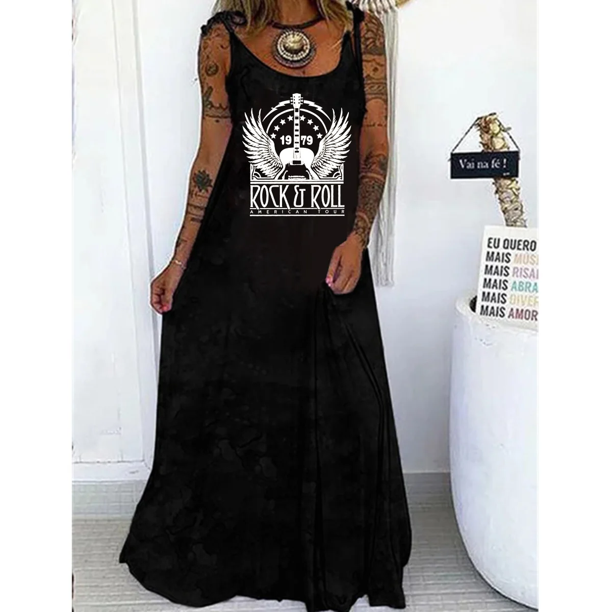 

Women's summer loose fit oversized casual ROCK ROLL print V-neck strap sexy slim fit dress Fashion Streetwear Oversized O-Neck