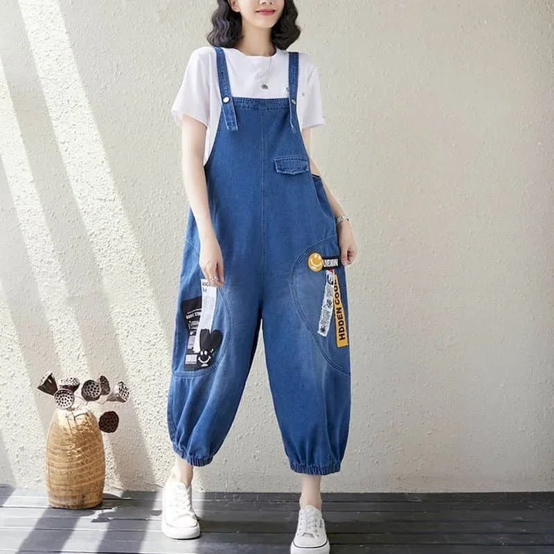 DENIM Jumpsuits ผู้หญิง Patchwork Streetwear Harem กางเกง VINTAGE One Piece ชุดเสื้อผ้าผู้หญิง High Street หลวมสบายๆ Romper