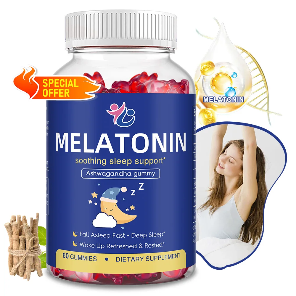 

Мелатониновые жевательные конфеты для сна - с ашвагандой, способствуют здоровью сна, улучшают качество сна и повышают иммунитет, 60 жевательных конфет