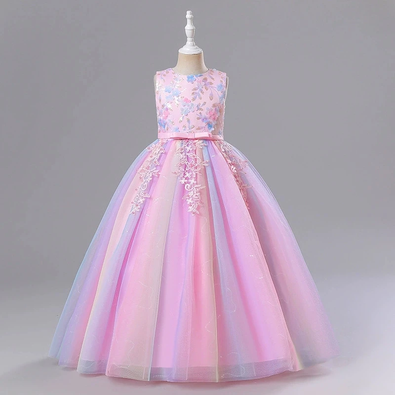 Fashion New Flower Girl Dresses Mesh Lace Sleeveless Princess Dress for Girls Summer Kids Bridesmaid Dresses 3-14 Years