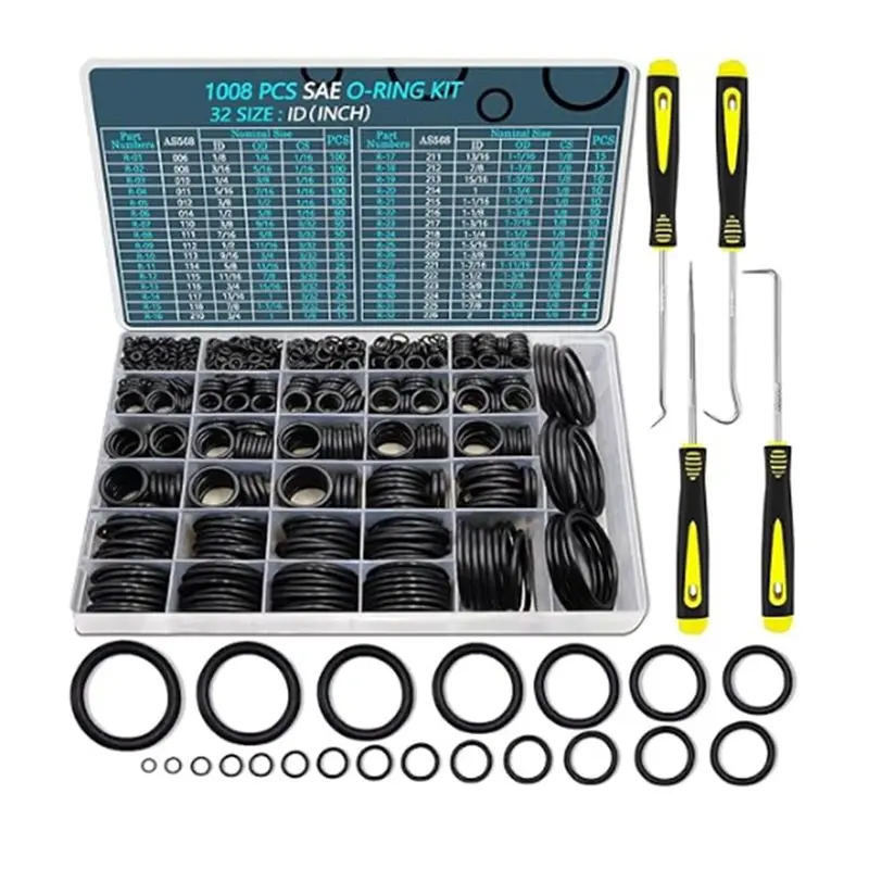 

【ЭЛЕКТРОННЫЕ АКСЕССУАРЫ】Набор уплотнительных колец SAE, 1008 шт., 32 размера, нитриловые резиновые уплотнители 70A, дюймовые уплотнительные кольца с 4-компонентным инструментом для их снятия