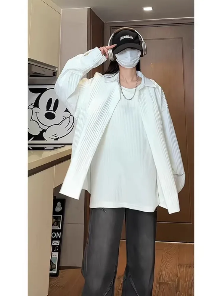 

Мужская рубашка из текстурированного ледяного шелка с длинным рукавом, летняя, с защитой от УФ-излучения, свободного кроя, молодежная, трендовая, из полиэстера, нейлона и композитного волокна, с отложным воротником