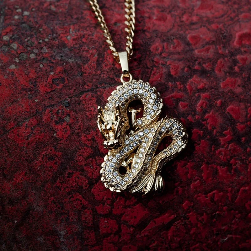 Personality Gold Color Zircon Dragon Necklace Pendant for Men Women Hip Hop Chain Rhinestone Iced Out Necklace Jewelry