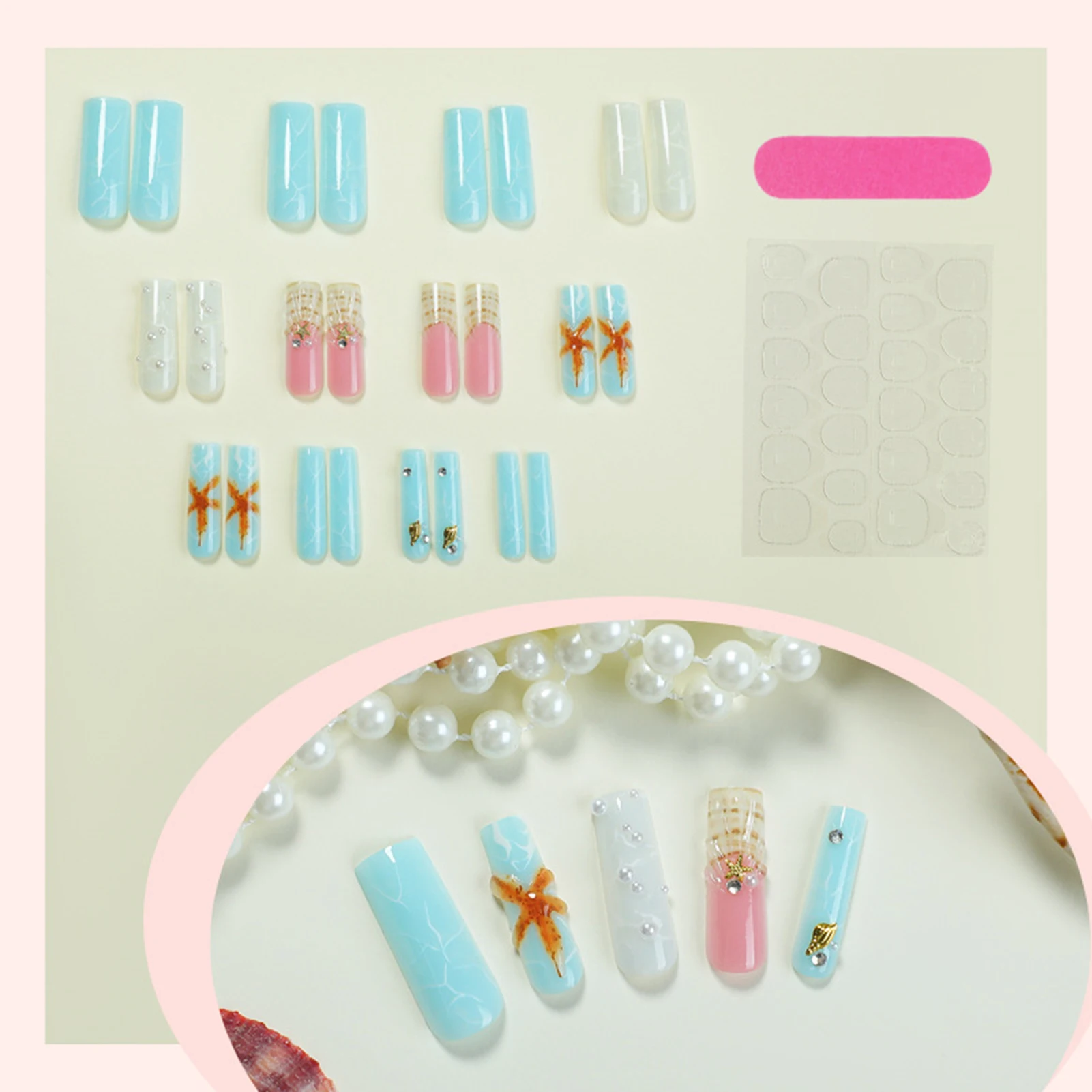 Blue Pink Fake Nails with Starfish Printed Natural-looking Easy to Take on and Apply for Shopping Traveling Dating