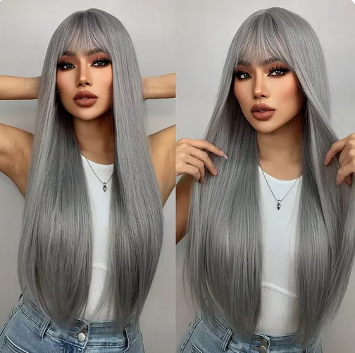 Ombre bruin platinablond synthetische pruik met pony lange rechte natuurlijke haarpruik voor vrouwen cosplay hittebestendig