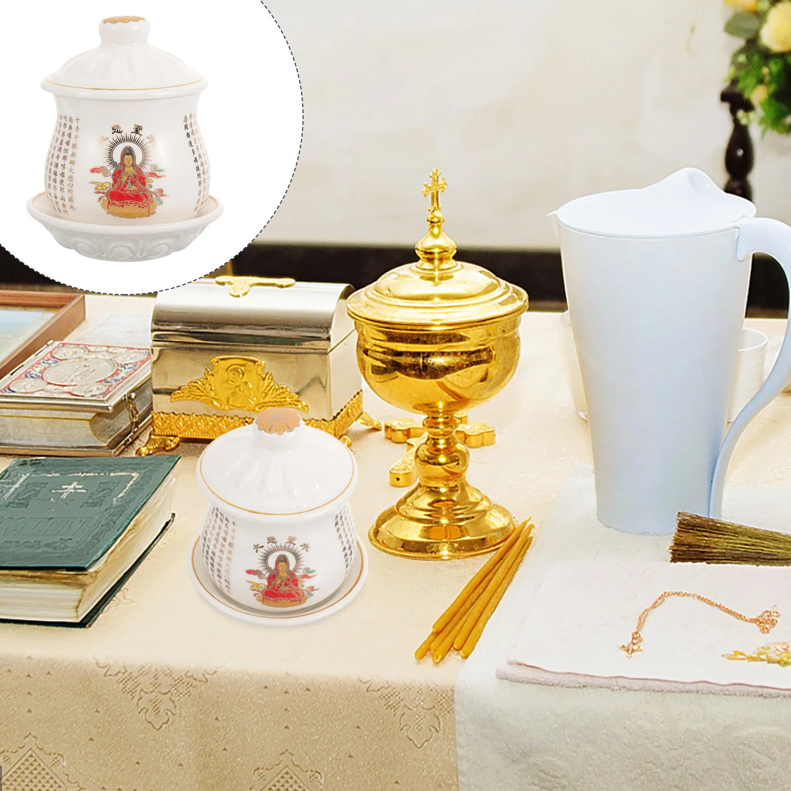 

Ceramic Buddha Worship Water Cup Small Retro Offering Cup with Lid Tray Temple Decoration Ritual Home Buddhist Offering Water