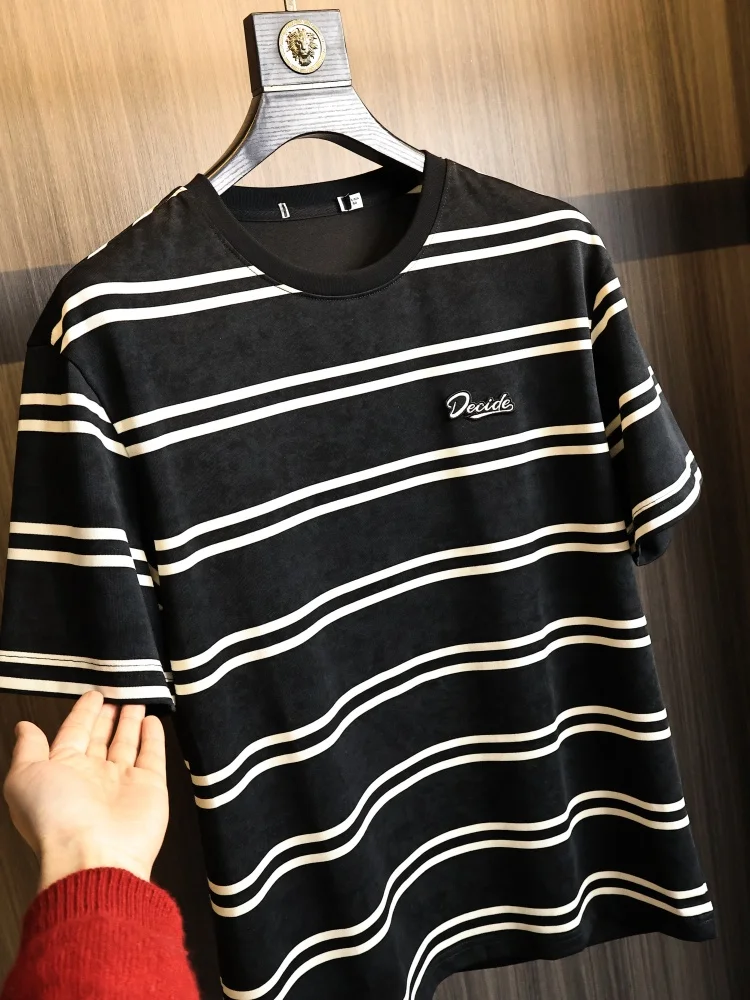 Washed Process Letter Embroidery T-Shirt Summer Men's Casual round Neck Short Sleeve Fashionable Skin-friendly Loose Fit