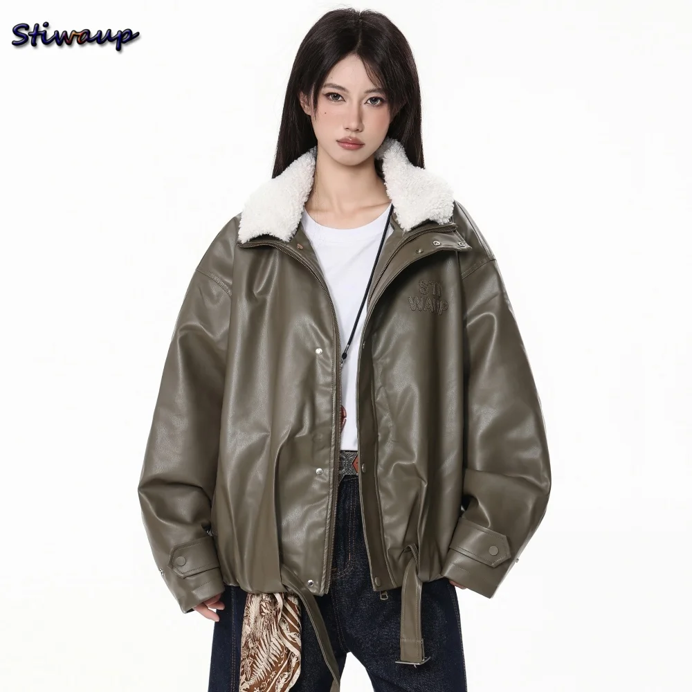 

Женская зимняя кожаная куртка с меховым плюшевым воротником, толстая теплая высококачественная шелковая хлопковая дубленка для женщин, женская верхняя одежда