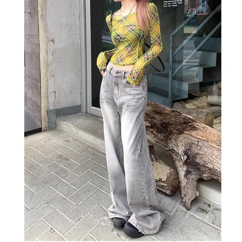 Szare dżinsy damskie z wysokim stanem American Plus Size Spodnie z szerokimi nogawkami 90s Vintage Straight Baggy 2000s Denim Trousers Mom Oversize