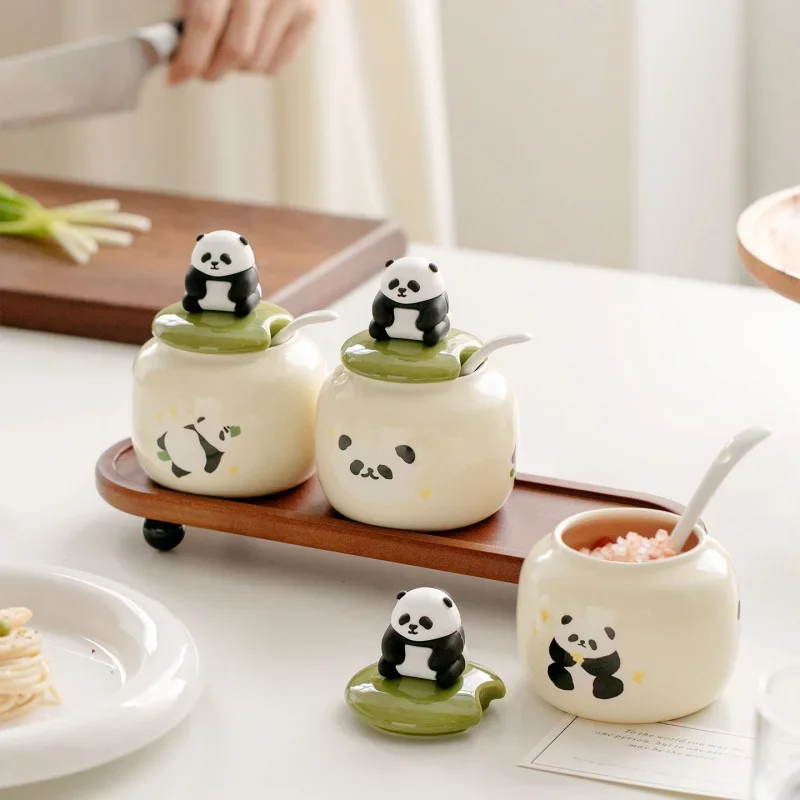 Set of 3 Panda Porcelain Salt Pepper and Suga Jars,Ceramic Seasoning Box,Kitchen Gadgets,Condiment Bottles,Storage Organizer