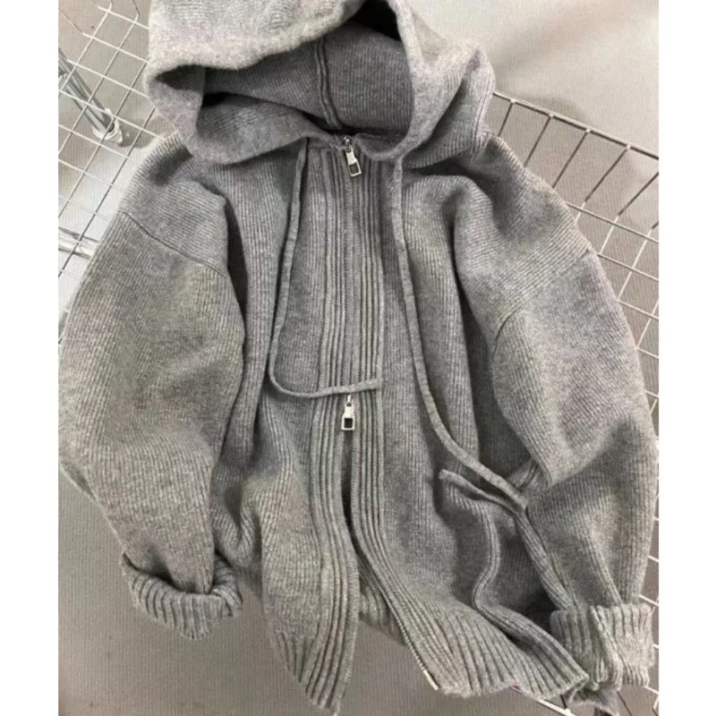 Striped Sweater Hooded Sweater Knitted Cardigan Women Autumn Winter Retro Punk Lazy Fun Sweet Zipper Cardigan Loose Jacket Top