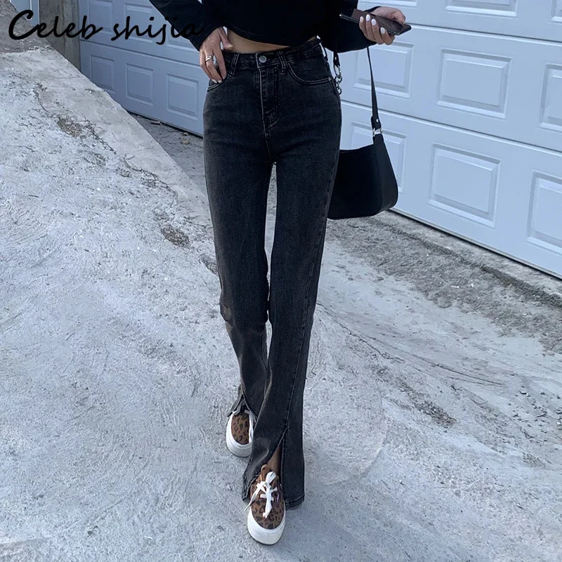 Chic Stretch Denim Jeans Woman Street Wear Light Blue Bell Bottoms Woman Pencil Pants High Waist Split Jean Mom Korean Fashion