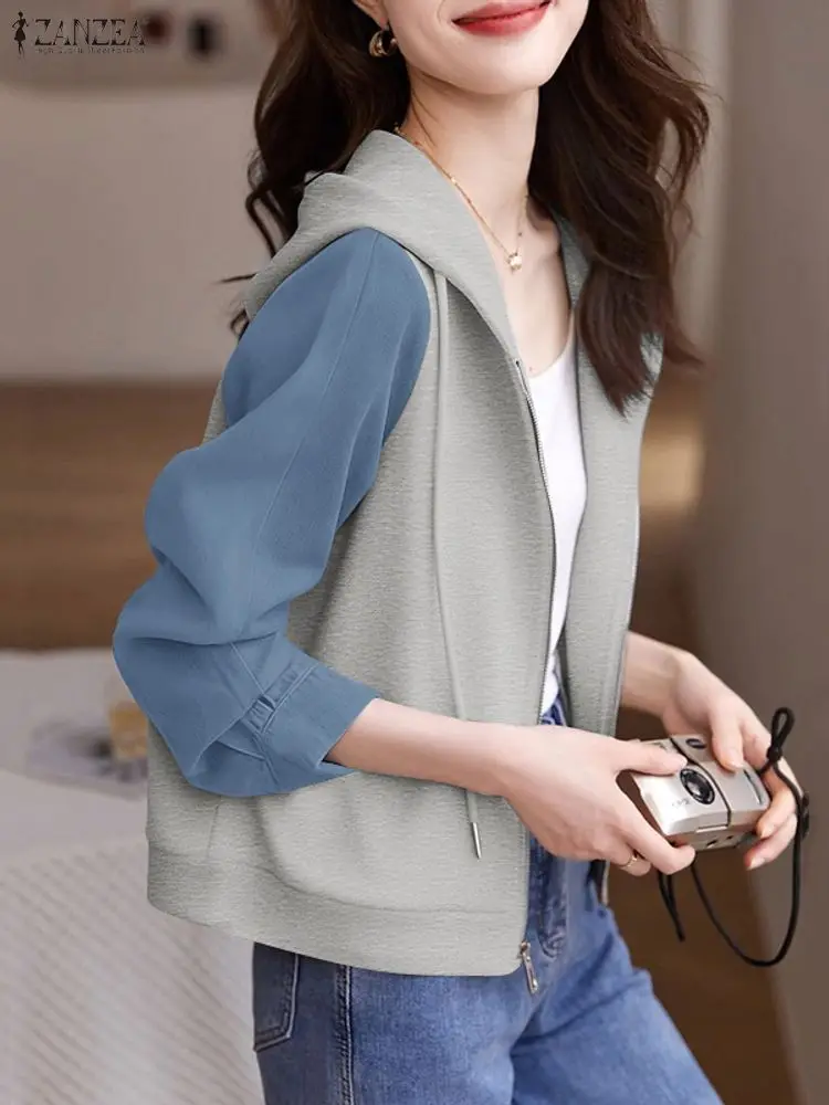 

ZANZEA 2025 осенние куртки с капюшоном, пальто, стильная женская лоскутная верхняя одежда, толстовки на молнии с длинными рукавами, повседневные свободные пальто большого размера