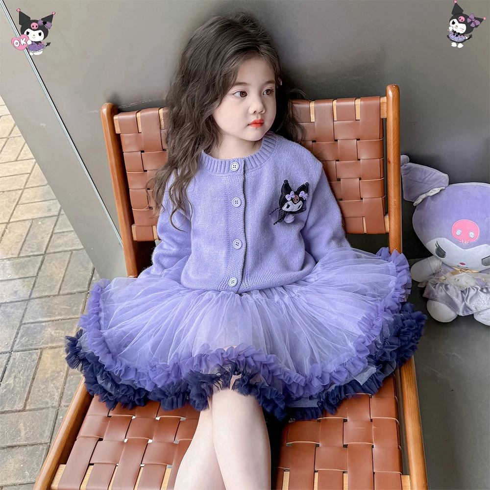 

2Pcs Kuromi Anime Children Girls Tutu Skirt Autumn Sweater Cardigan Mesh Skirt Kawaii Hellokitty Sweet Cartoon Sanrio Cute Set