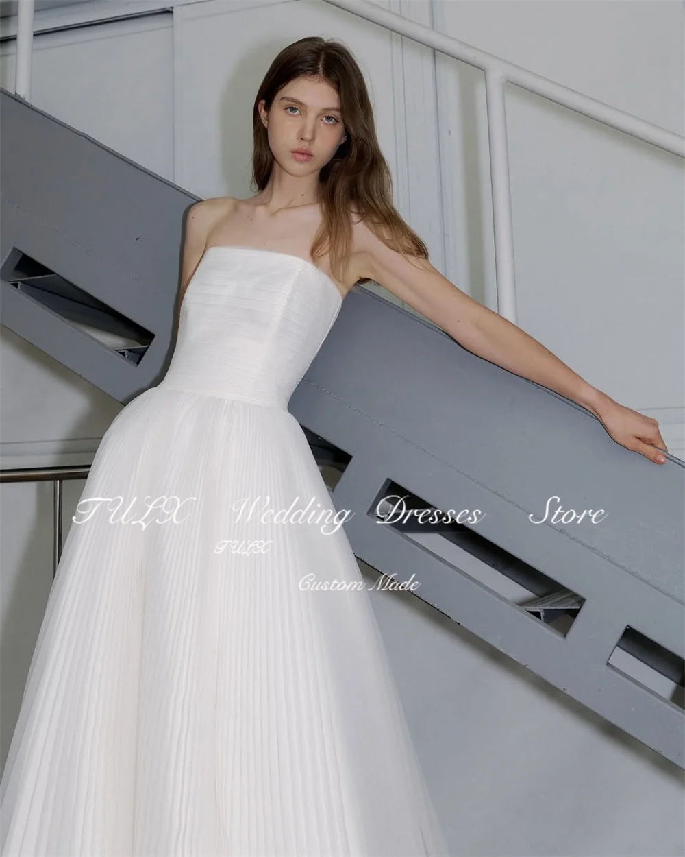 تولكس بسيط عاجي ألف خط فساتين زفاف طويلة كوريا صورة تبادل لاطلاق النار حمالة الأورجانزا زي العرائس مشد مخصص ওয়েডিংddeريس 2026 #4