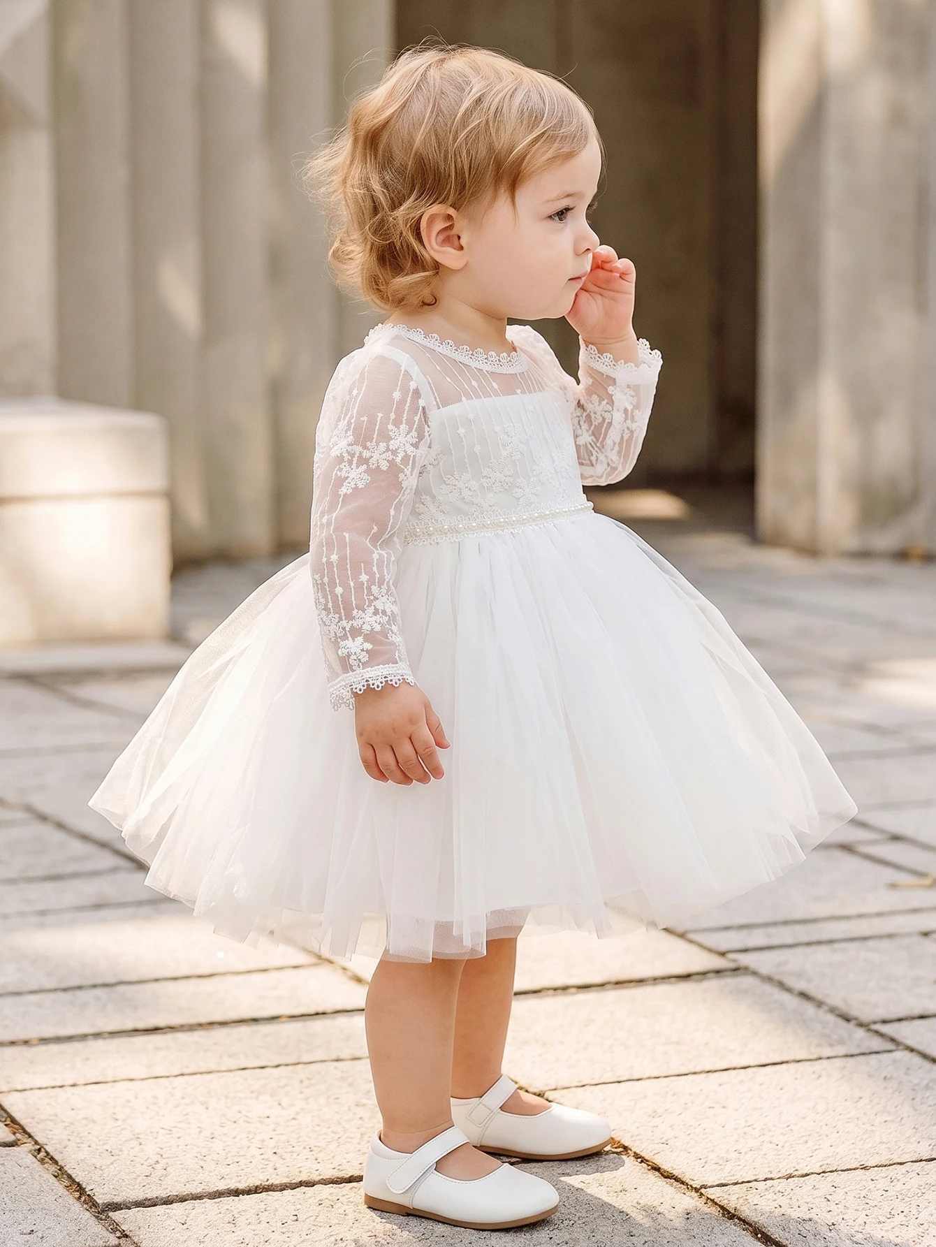 Baby Girls White Tulle Dress Sheer Long Sleeves Floral Motif Pearl Waist Christening Baptism Wedding Birthday Flower Girl Outfit