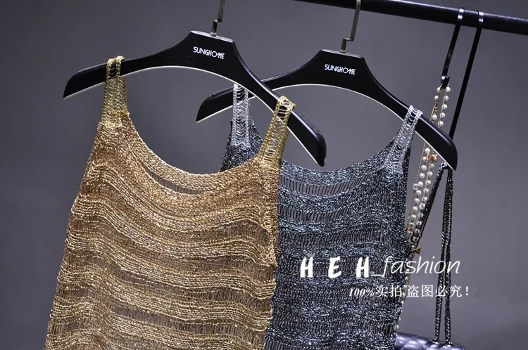 Transparent Knitted Tanks Tops Women Shiny Gold Tanks Women Sleeveless Gold Tank Tops