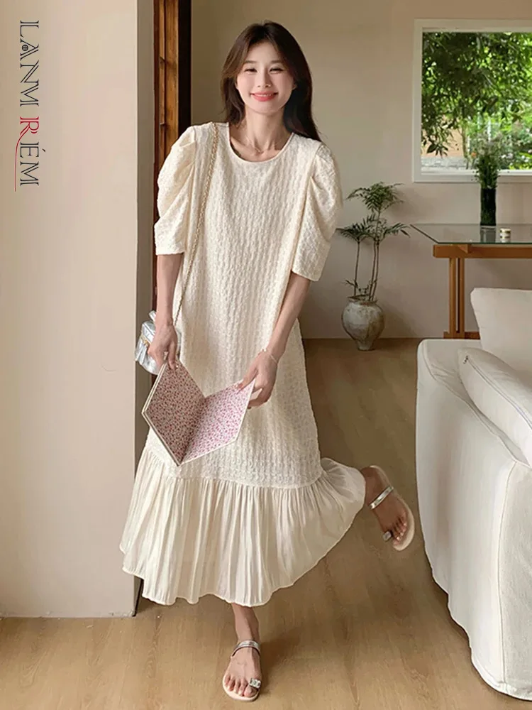 

LANMREM Korean Style Dress For Women O-neck Puff Sleeves Patchwork Contrast Color Dresses 2024 Female Summer New Clothing 2Z2031