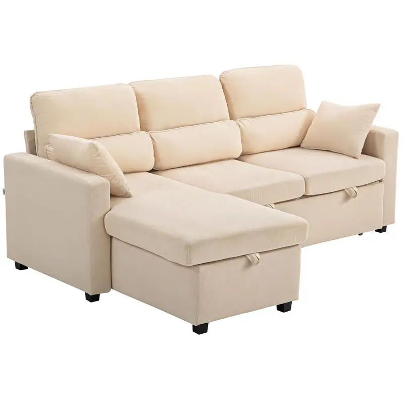 Verstellbares Schlafsofa, L-förmiges Gästesofa mit Bettfunktion, Stauraum, Kissen, für Wohnzimmer, Gästezimmer, beige