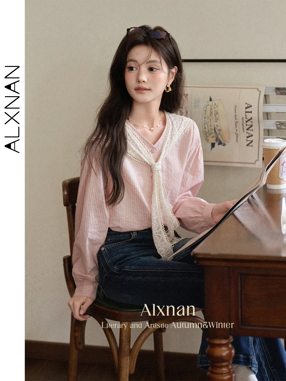 

ALXNAN Pink Striped Shirt Women V-neck Cotton Long Sleeve Blouses 2025 Autumn New Office Lady Loose-fit Tops with Shawl L569102