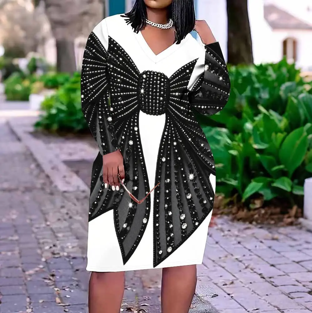Women V Neck Long Sleeve Fitted Dress, White with Light Yellow Linked Polka Dot Print