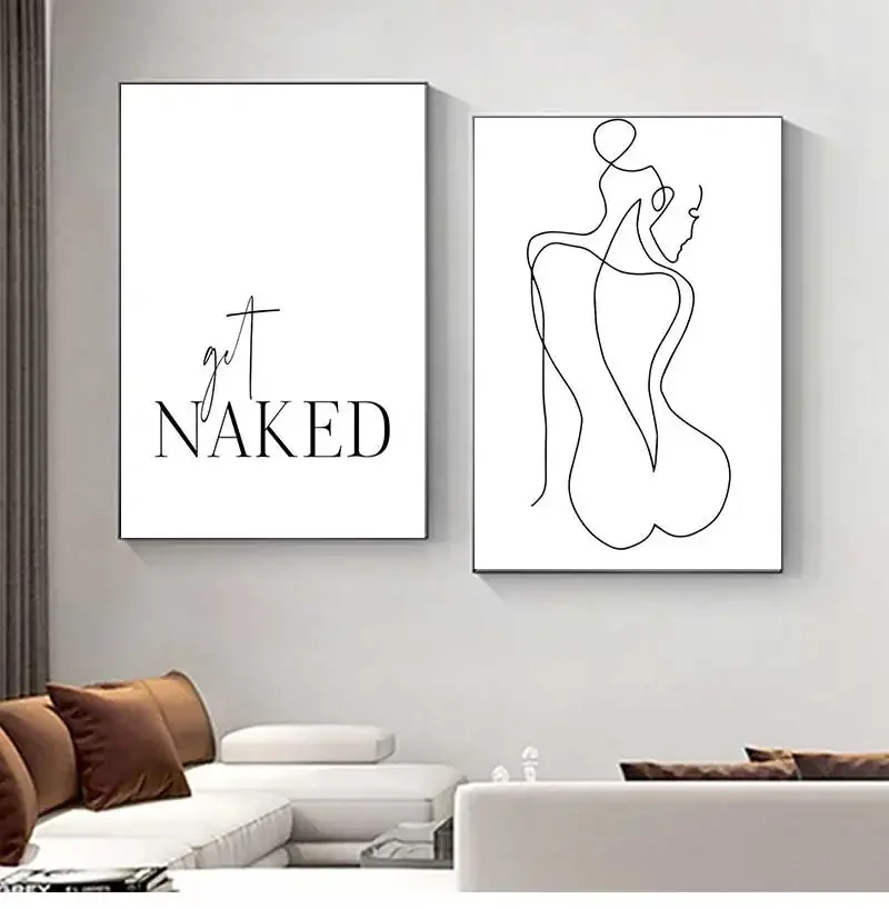 1pc frameless Canvas painting Bathroom Wall Decor Canvas Painting Get Naked Sign Posters Prints One Line Sexy Woman Drawing Fash