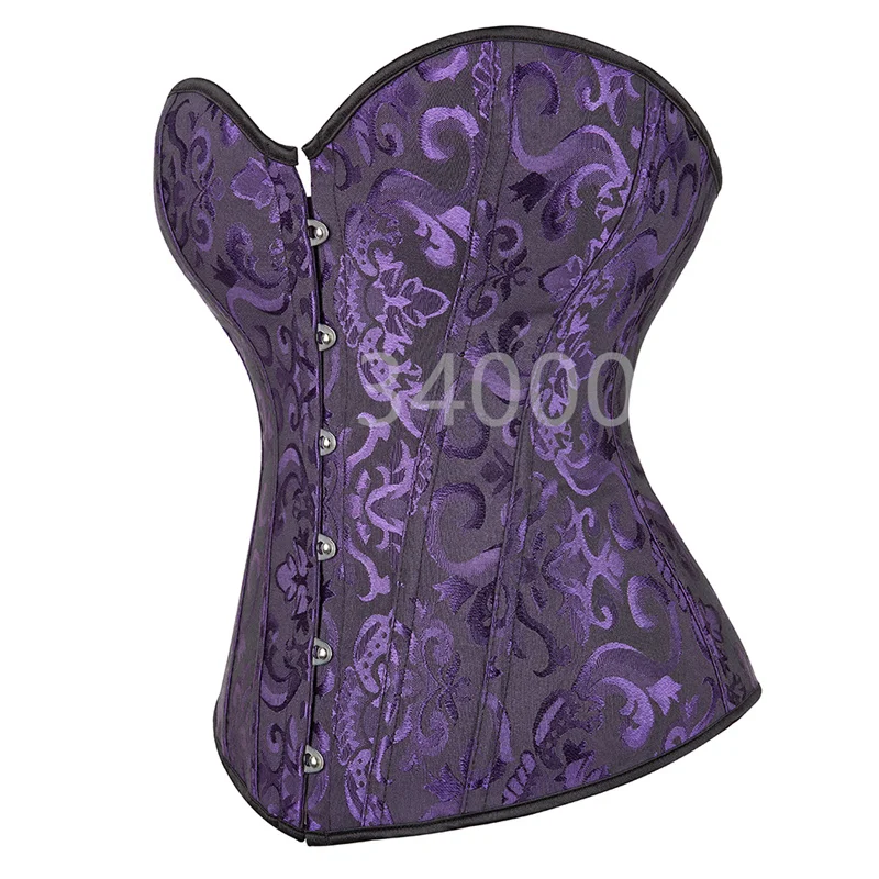 Purple Corset Bustier Tops Sexy Plus Size Flower Print Corselet Overbust Lace Push Up Victorian Burlesque Vintage Costume