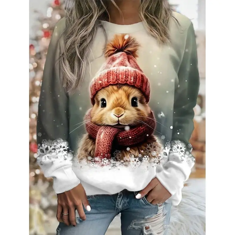 Women's Pull-up Lantern Long Sleeve Round Neck Cartoon Geometric Graphic Print Contrasting Color Christmas Casual Fashion Top