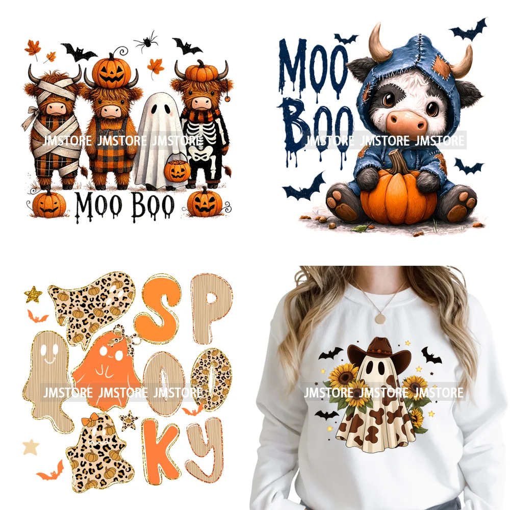 

Pumpkin Leopard Spooky Ghost Moo Boo Cow Pet Halloween Bow Iron on DTF Washable Transfers Stickers Ready to Press for T-shirts
