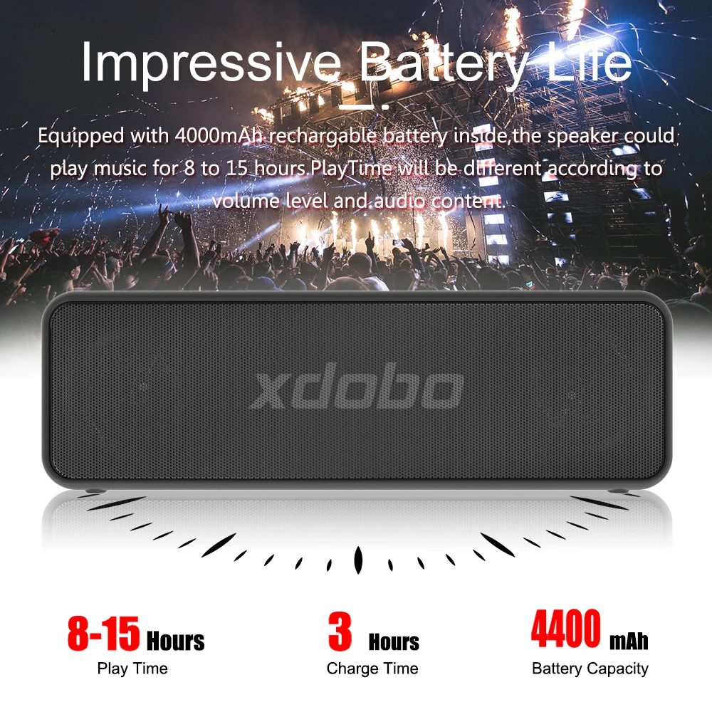 XDOBO X5-Altavoz Bluetooth inalámbrico portátil, caja de Audio estéreo 3D, resistente al agua IPX6, Subwoofer de alta potencia de 30W, 15H de espera Extra larga
