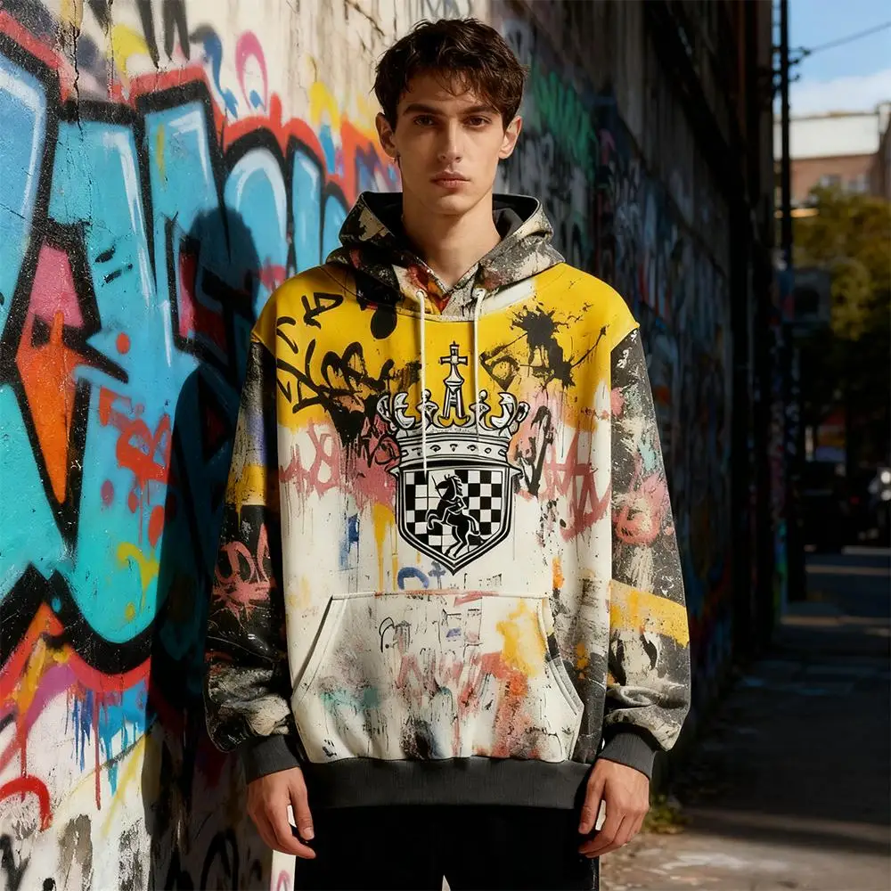 WIFRU Autumn/Winter Street Style Hoodie Crown Graffiti Print Retro Punk Style Pullover Sweatshirt Fashion Loose Casual Clothing
