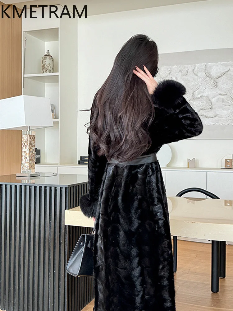 معاطف فرو المنك 100% من KMETRAM معطف نسائي فاخر أسود طويل من فرو المنك الحقيقي مع ياقة من فرو الثعلب 2025 ملابس شتويةшуба vrouwska