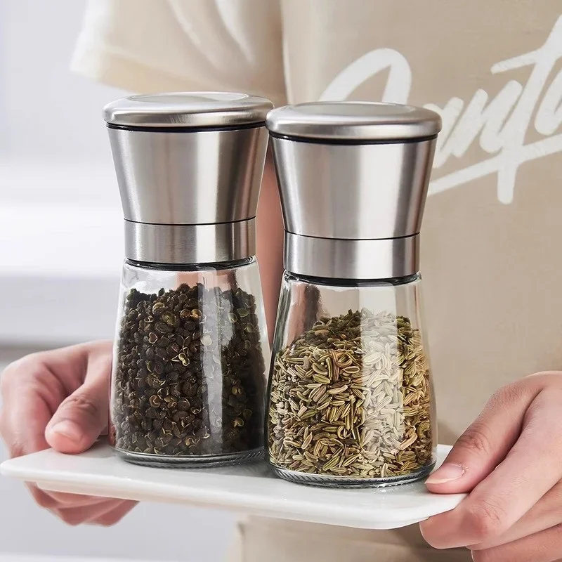 Pepper Grinder 304 Stainless Steel Lid Salt Pepper Sesame Grinder Ceramic Core Glass Seasoning bottle Manual Spice Salt Grinder